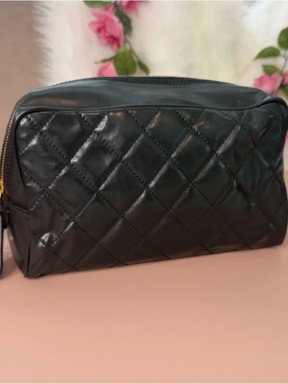 Chanel Black Quilted Cosmetic Pouch with Gold Hardware w/ COA and black card